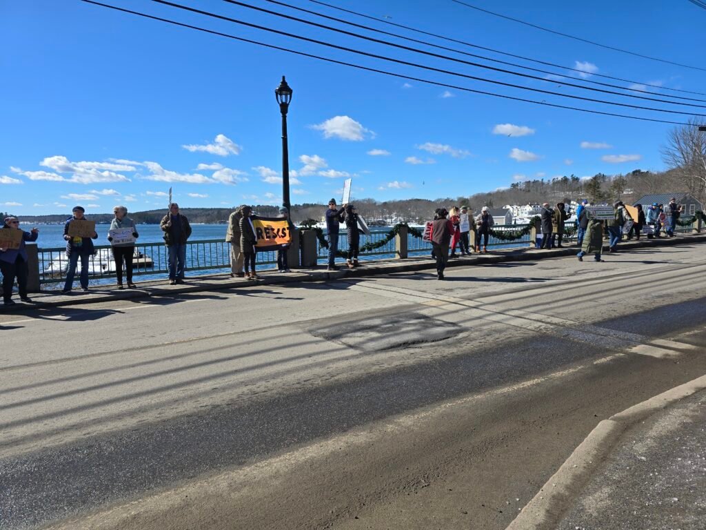 Indivisible Lincoln County Maine, February 26, 2025 on the Newcastle-Damariscotta bridge 